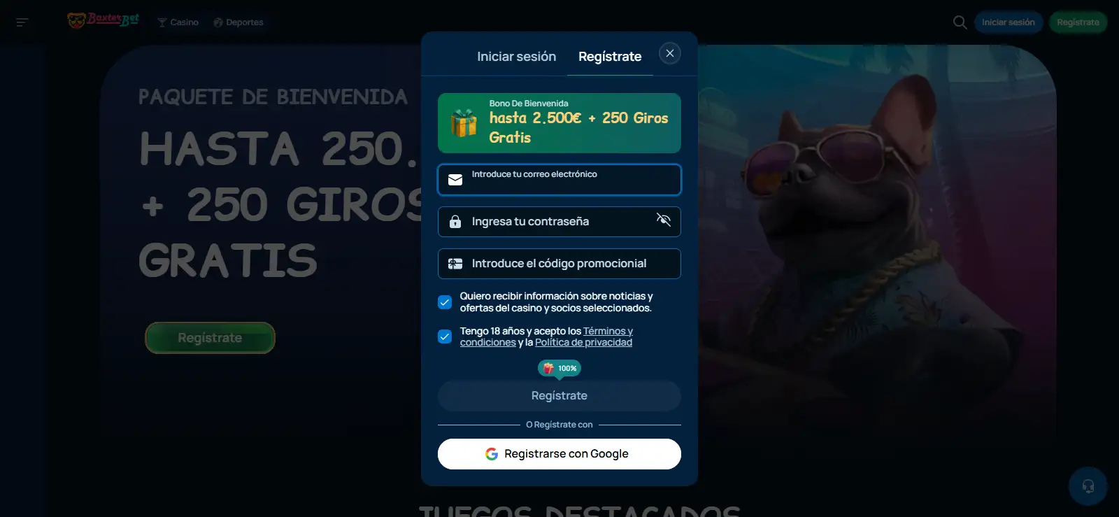 Formulario de registro y verificación de Baxterbet