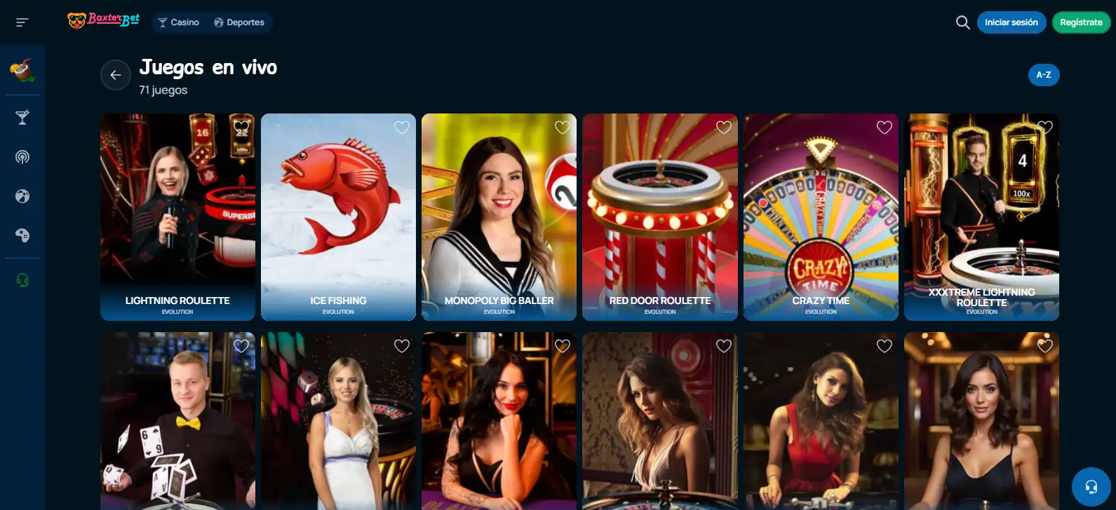 Casino en vivo de Baxterbet con mesas y filtros de navegación