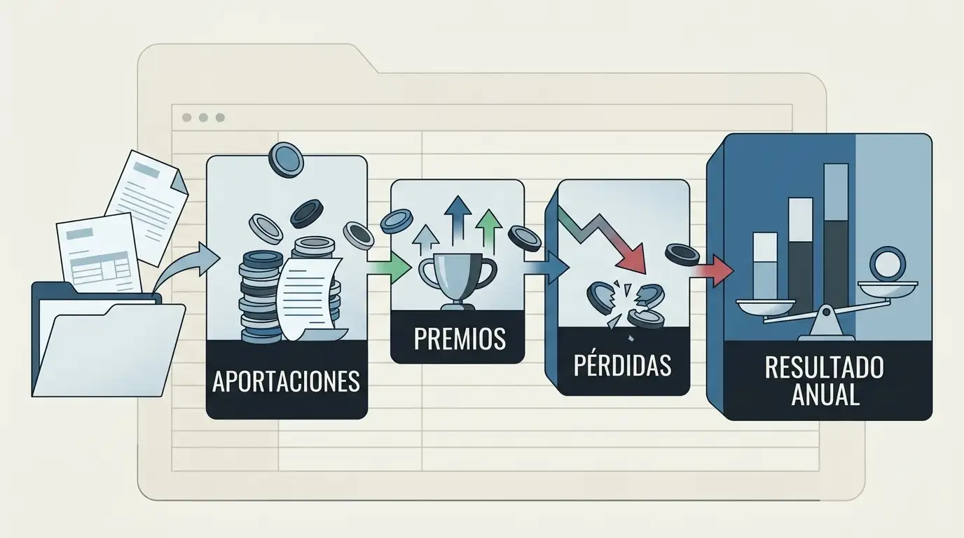 Relación entre aportaciones, premios, pérdidas y resultado anual del juego