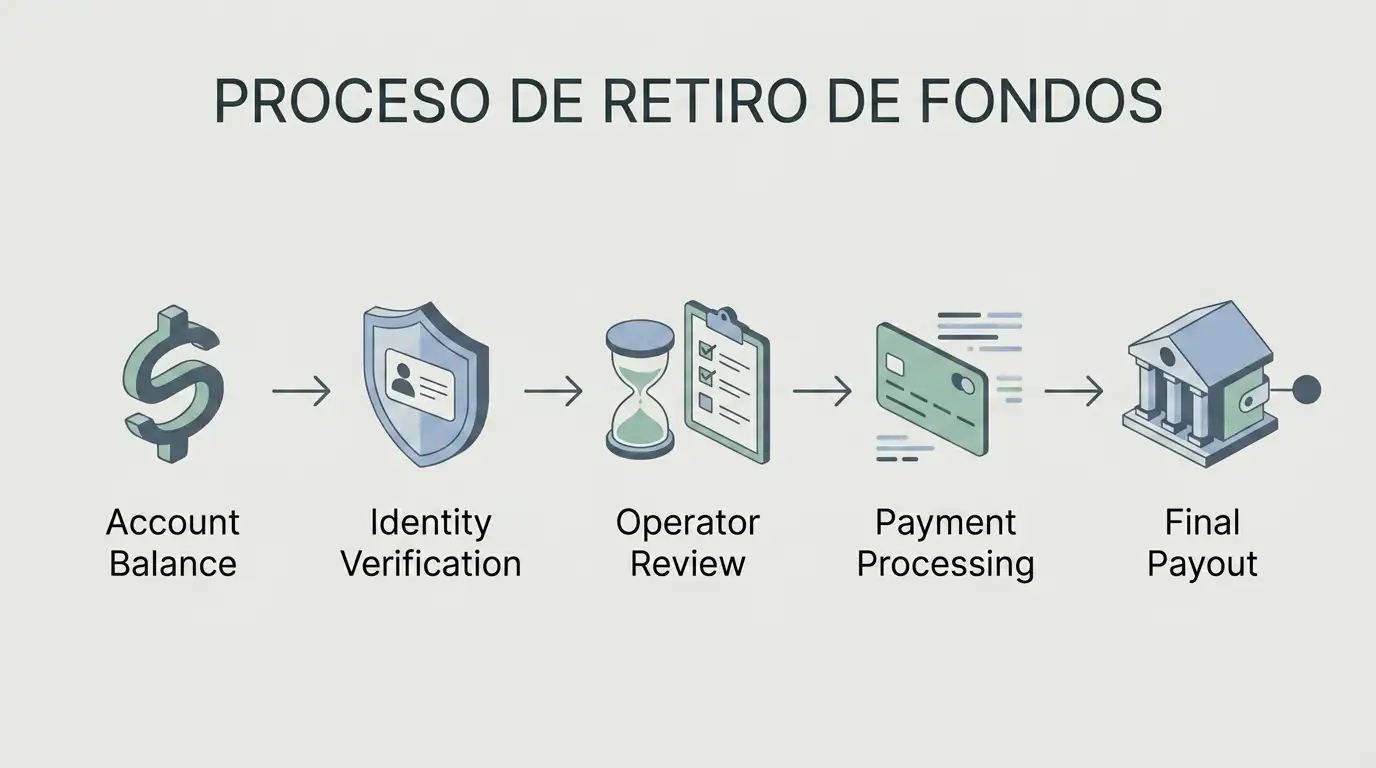 Proceso de retirada con solicitud, verificación KYC, revisión y procesamiento