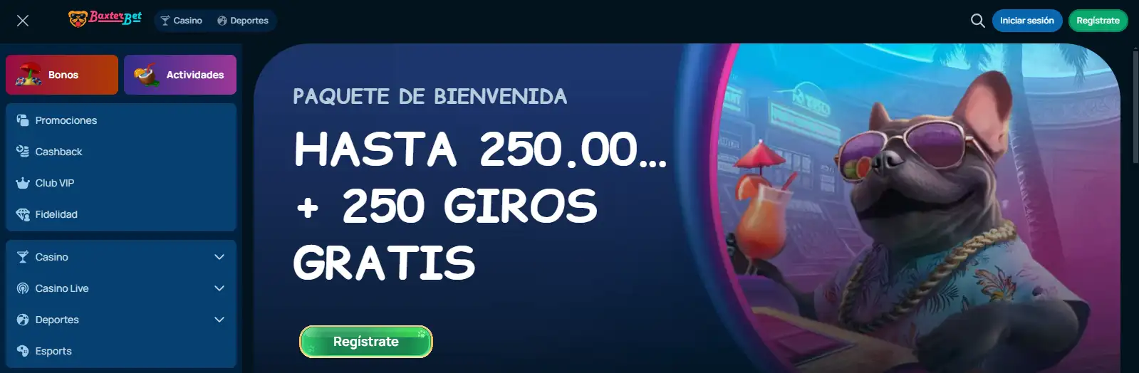Vista de la cabecera y navegación de Baxterbet en español